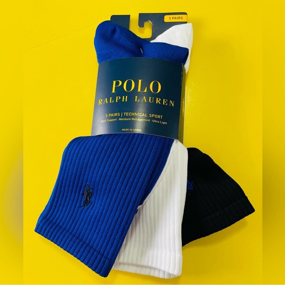 Polo Ralph Lauren Crew Socks 3 Pairs Technical Sport Black Blue White Size 10-13